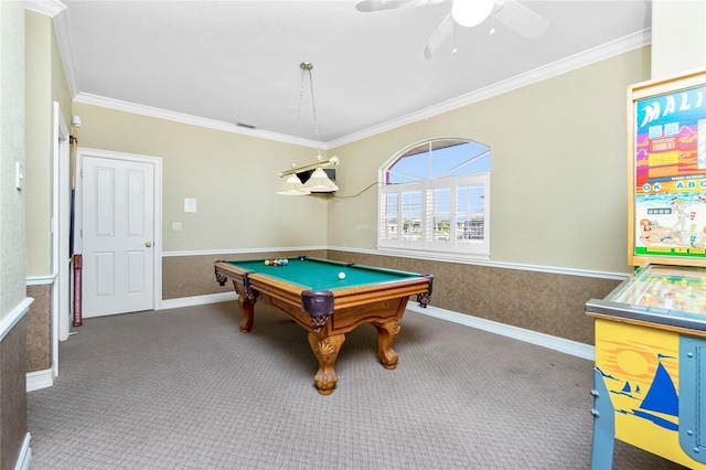 playroom with a wainscoted wall, carpet, ornamental molding, and pool table