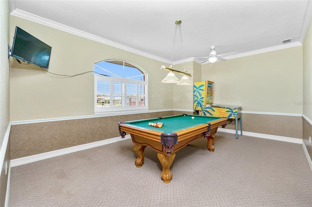 rec room with pool table, ceiling fan, carpet floors, and ornamental molding