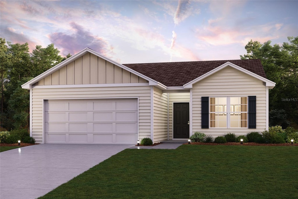 single story home featuring a garage, a shingled roof, a yard, driveway, and board and batten siding