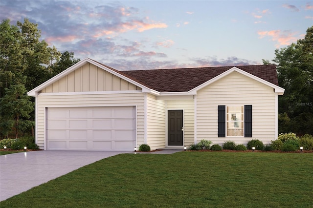 single story home featuring an attached garage, a shingled roof, a yard, concrete driveway, and board and batten siding