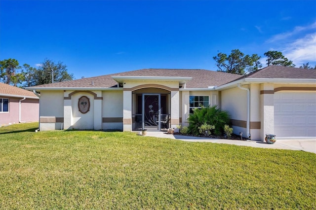 ranch-style house with a garage and a front lawn