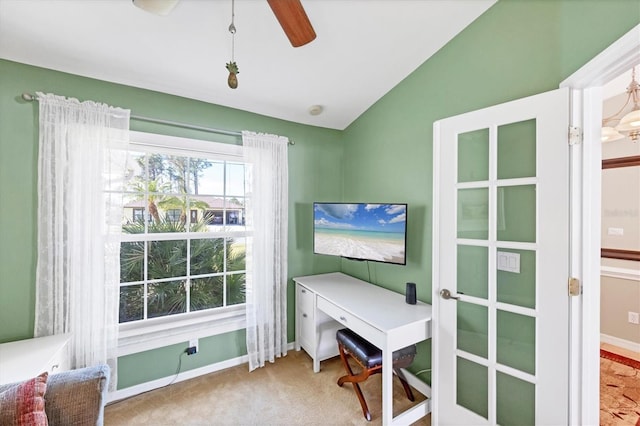 office with vaulted ceiling, carpet, and ceiling fan