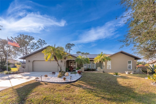 single story home with a garage, a front yard, and solar panels