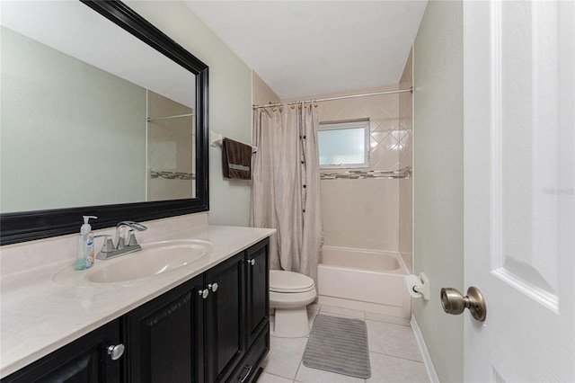 full bathroom with shower / bath combination with curtain, vanity, toilet, and tile patterned flooring