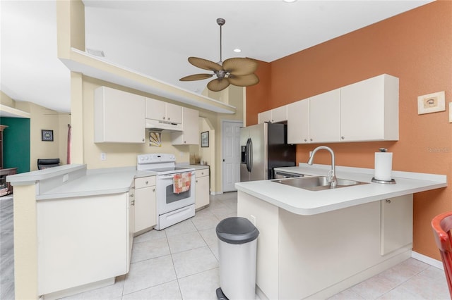 kitchen featuring white range with electric stovetop, sink, white cabinets, kitchen peninsula, and stainless steel refrigerator with ice dispenser