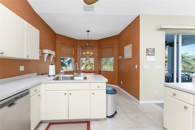 kitchen featuring sink, white cabinetry, decorative light fixtures, stainless steel dishwasher, and ceiling fan