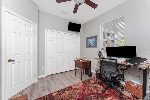 office featuring light hardwood / wood-style floors and ceiling fan