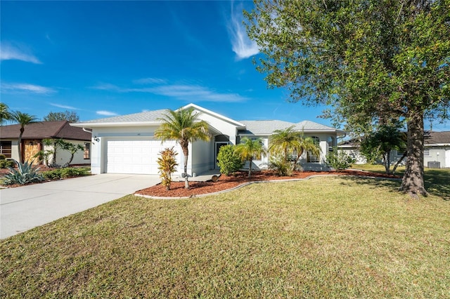 ranch-style home with a garage and a front yard