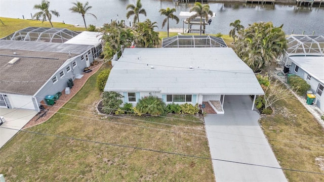 birds eye view of property featuring a water view