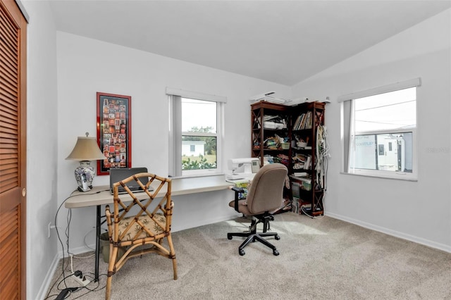 office space featuring lofted ceiling and carpet floors