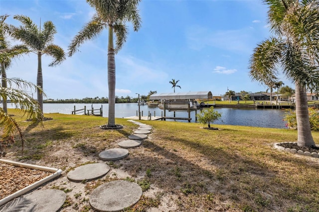 dock area featuring a yard and a water view