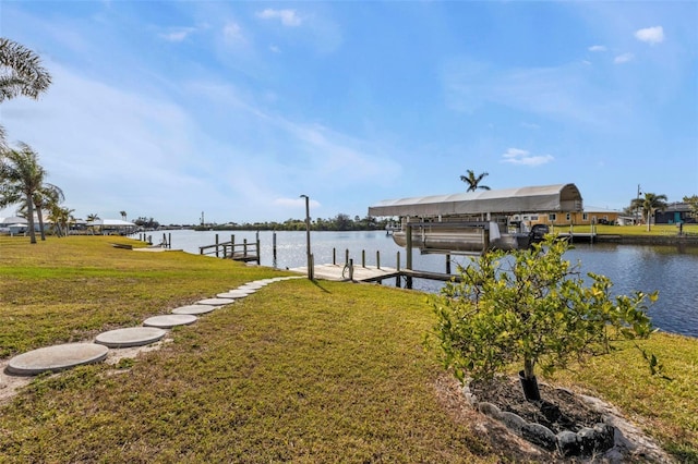 view of dock with a water view and a lawn