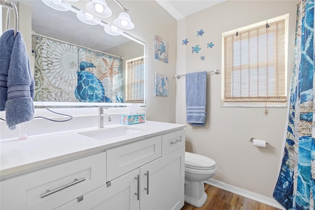 bathroom featuring vanity, hardwood / wood-style flooring, and toilet