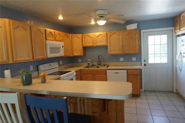 kitchen featuring sink, light tile patterned floors, ceiling fan, kitchen peninsula, and white appliances