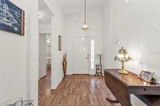 foyer entrance featuring a towering ceiling and light hardwood / wood-style flooring