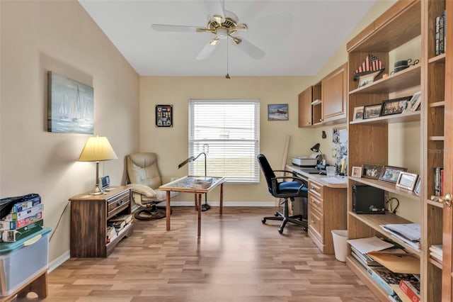 office area with ceiling fan and light wood-type flooring