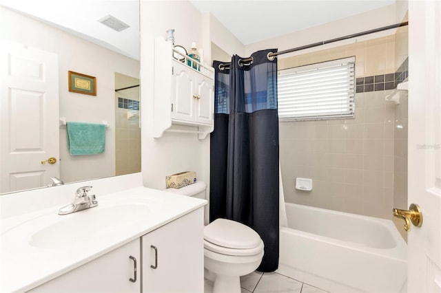 full bathroom with vanity, tile patterned floors, shower / bath combination with curtain, and toilet