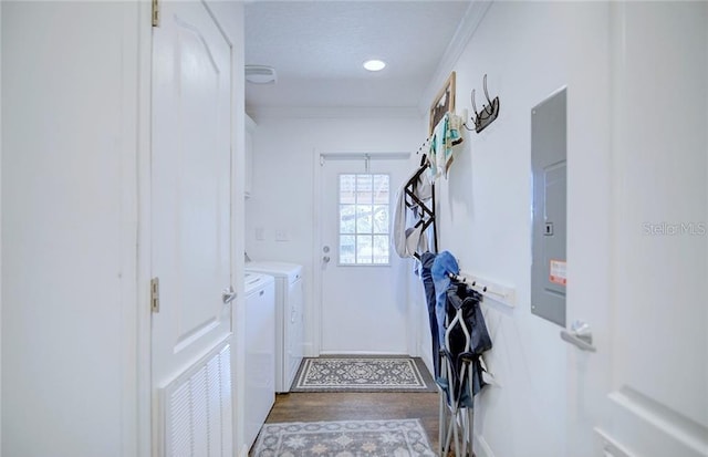 laundry area featuring crown molding, washing machine and clothes dryer, and dark hardwood / wood-style flooring