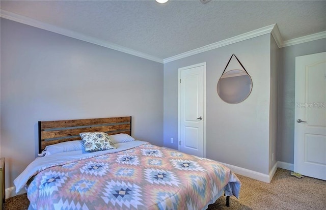 carpeted bedroom with crown molding and a textured ceiling