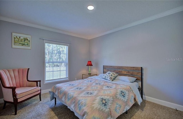 carpeted bedroom with crown molding