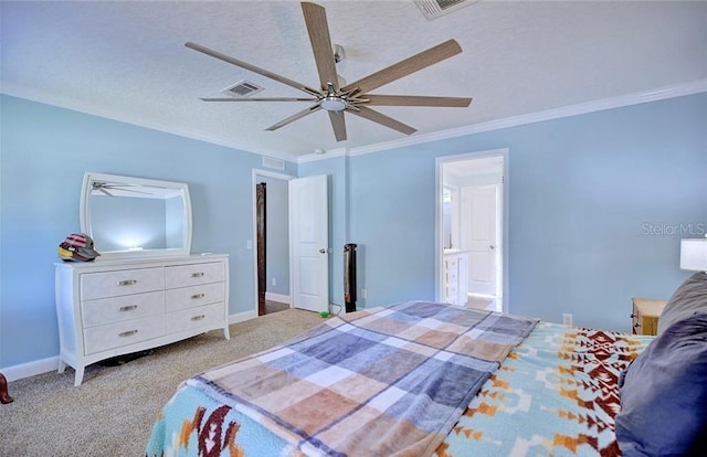 carpeted bedroom with crown molding, ceiling fan, and a textured ceiling