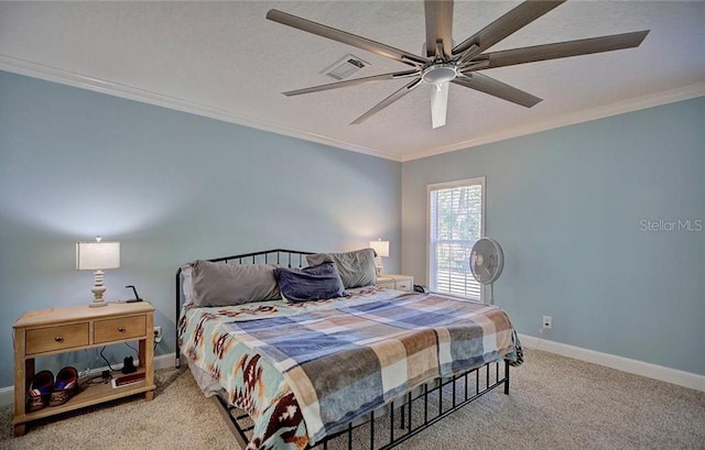 bedroom with a textured ceiling, ornamental molding, light colored carpet, and ceiling fan