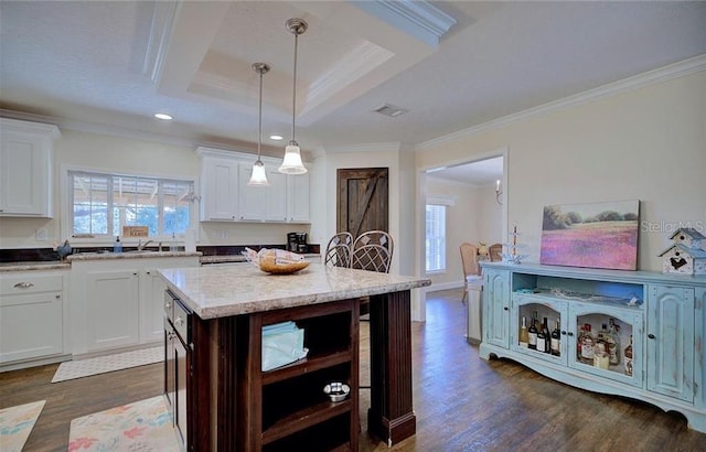 kitchen featuring decorative light fixtures, ornamental molding, dark hardwood / wood-style floors, a healthy amount of sunlight, and white cabinets