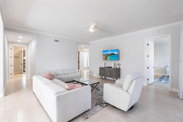 living room featuring light tile patterned floors, ornamental molding, and ceiling fan