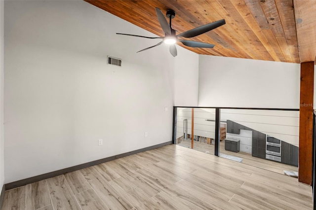 empty room with ceiling fan, lofted ceiling, wooden ceiling, and light hardwood / wood-style floors