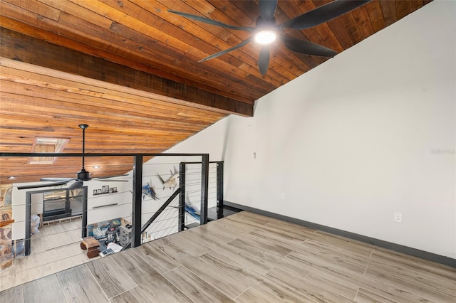 empty room featuring ceiling fan, lofted ceiling with beams, light hardwood / wood-style flooring, and wooden ceiling