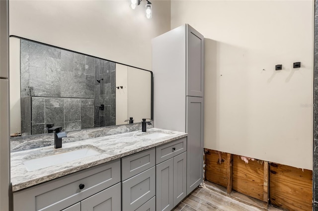 bathroom with vanity, wood-type flooring, and walk in shower