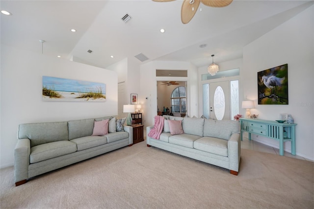 living room with ceiling fan and light carpet