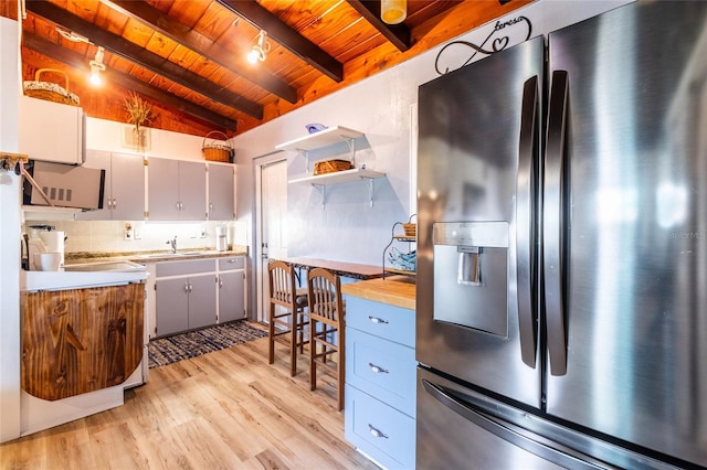 kitchen featuring stainless steel refrigerator with ice dispenser, wood counters, wood ceiling, light wood-type flooring, and white cabinets