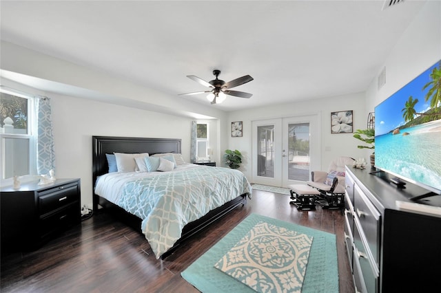 bedroom featuring dark hardwood / wood-style floors, access to outside, ceiling fan, and french doors