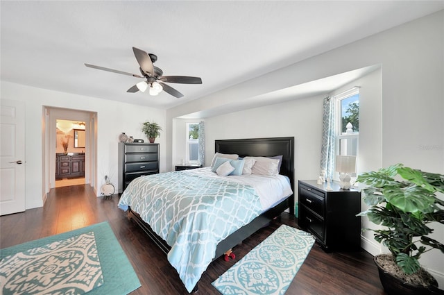 bedroom featuring dark hardwood / wood-style floors and ceiling fan