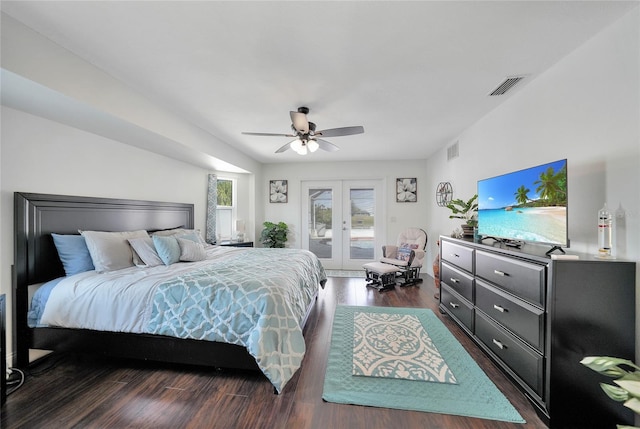 bedroom with access to exterior, dark hardwood / wood-style floors, french doors, and ceiling fan