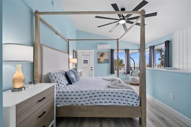 bedroom with lofted ceiling, light hardwood / wood-style floors, and ceiling fan