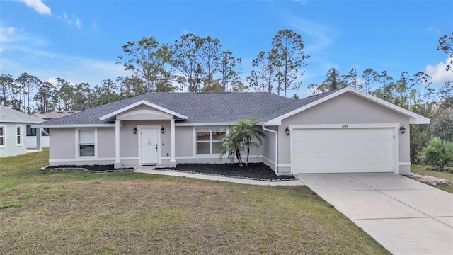 single story home featuring a garage and a front yard