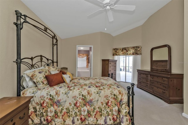 carpeted bedroom with lofted ceiling and ceiling fan