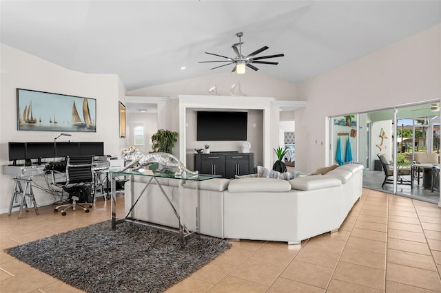 tiled living room featuring vaulted ceiling and ceiling fan