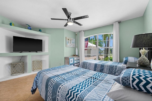 bedroom with light tile patterned floors and ceiling fan