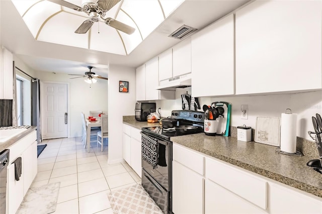 kitchen with white cabinetry, black range with electric stovetop, light tile patterned flooring, and ceiling fan