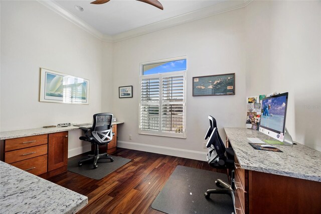 office area featuring ornamental molding, ceiling fan, and dark hardwood / wood-style flooring