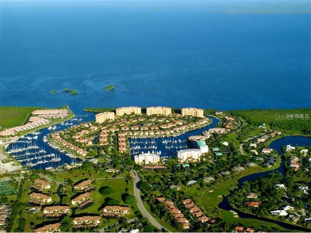 bird's eye view with a water view