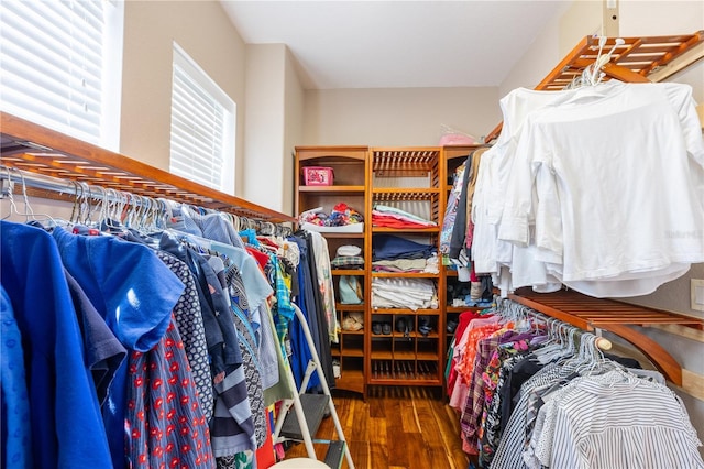 walk in closet with dark hardwood / wood-style flooring