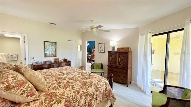 bedroom featuring access to outside and ceiling fan