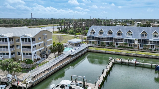 drone / aerial view with a water view