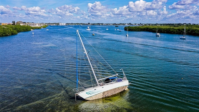 drone / aerial view with a water view