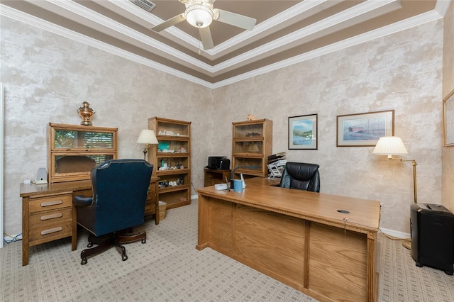 carpeted home office with ornamental molding and ceiling fan