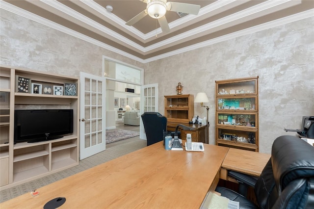 office space with french doors, ceiling fan, and ornamental molding